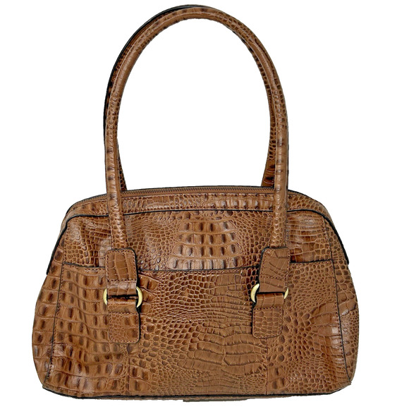 Etienne Aigner Leather Shoulder Bag Brown Croc Embossed Double Handles Pristine - Picture 3 of 15